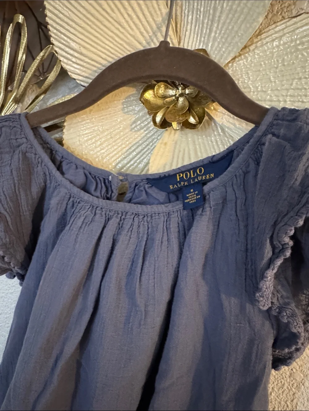 Ralph Lauren Girls Blue Flutter-Sleeve Dress